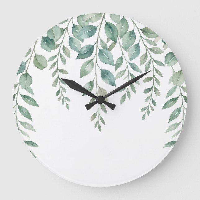 Minimalistisk akvarell Eukalyptus Kaskad Monogramm Stor Klocka (Framsida)