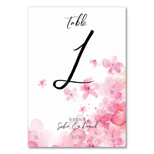 Minimalistisk akvarell rosa vildblomma bröllop  bordsnummer (Framsidan)