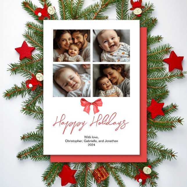 Minimalistisk akvarell rött band familjefoton julkort (Skapare uppladdad)