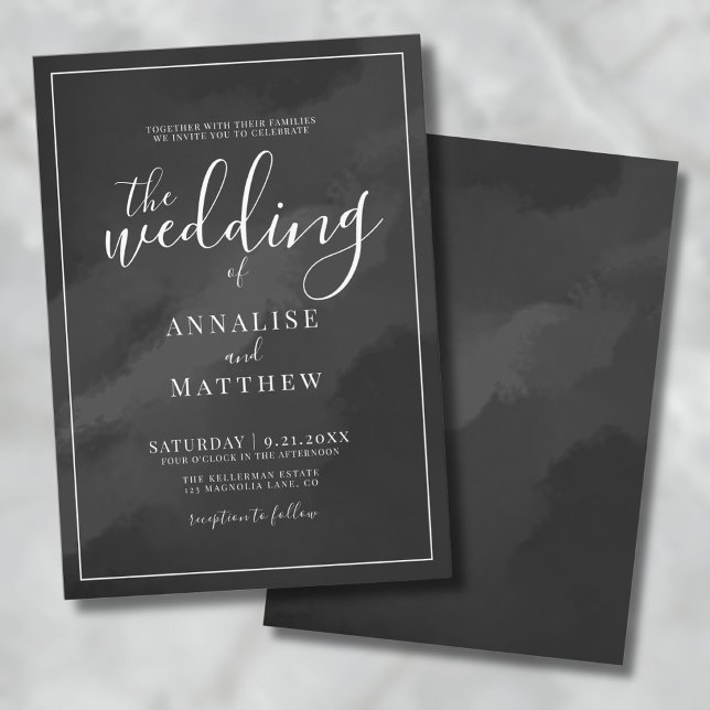 Minimalistisk akvarell svart bröllop inbjudningar (Simple Minimalist Elegant Watercolor Black Wedding Invitation)