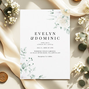 Minimalistisk akvarellblomma vit rosbröllop inbjudningar