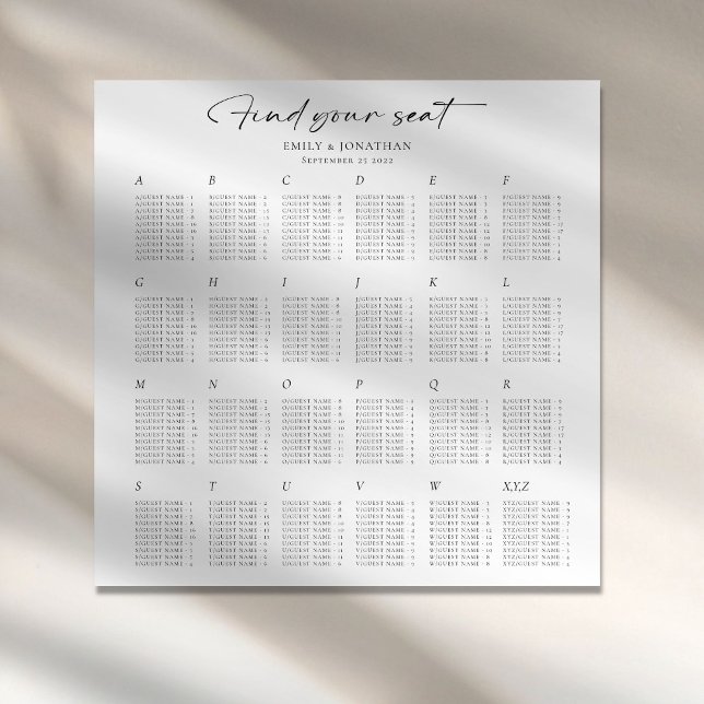 Minimalistisk alfabetisk bröllopsställningsplan poster (Skapare uppladdad)