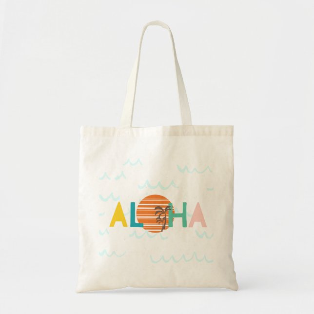 Minimalistisk "Aloha" Sunset & Handflatan Träd Gra Tygkasse (Framsidan)