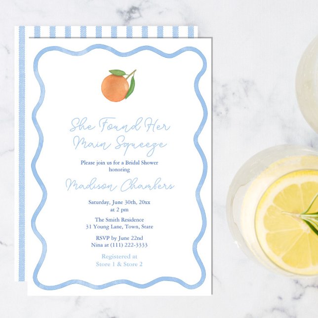 Minimalistisk Amalfi Kusten Vågigt Gräns Möhippa Inbjudningar (Trendy Wavy Border Citrus Orange Main Squeeze Bridal Shower Invitation With Pale Blue Stripe Reverse)