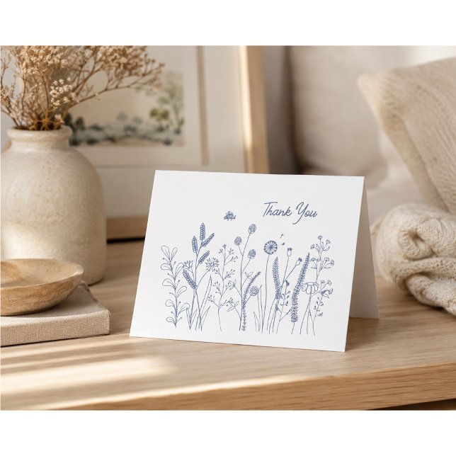 Minimalistisk äng med vilda blommor Blå Tack Kort (Skapare uppladdad)