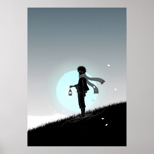 Minimalistisk Animepojke med Lykta Poster (Framsidan)