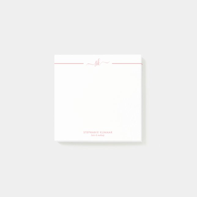 Minimalistisk anpassad rosa skriptmonogram post-it block (Framsida)