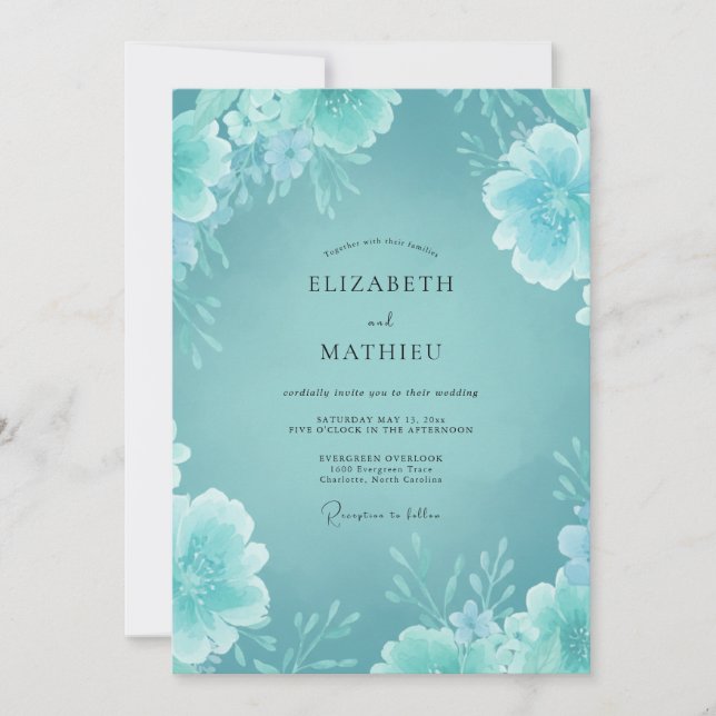 Minimalistisk Aqua Peony Bröllop Inbjudningar (Framsida)