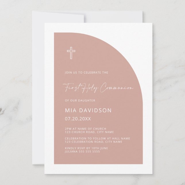 Minimalistisk Arch  Rosa First Heliga Communion Inbjudningar (Framsida)