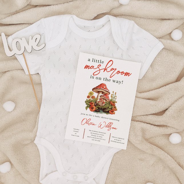 Minimalistisk återloppsbabystövel för litet svamp inbjudningar ( Little Mushroom Fall Minimalist Retro Cottage Core Baby Shower Invitation)
