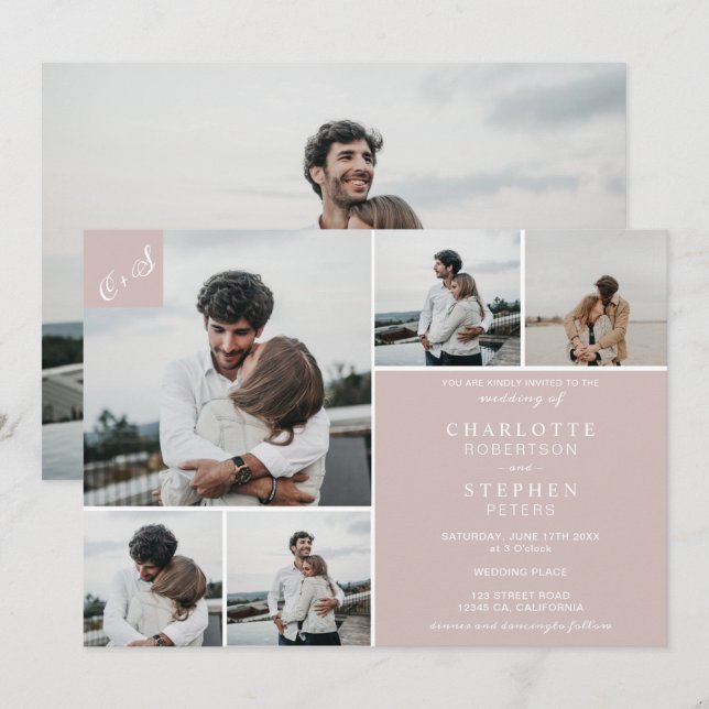  minimalistisk avslappnad initialer 6 foton bröllo inbjudningar (Fram/baksida)