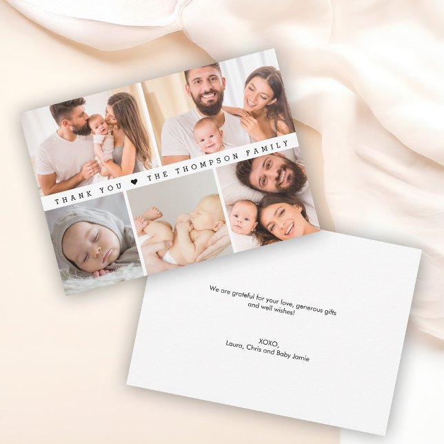 Minimalistisk baby 5 fotokollage nyfödd tack inbjudningar (Custom Photo collage grid 5 photo family baby shower small thank you card.)