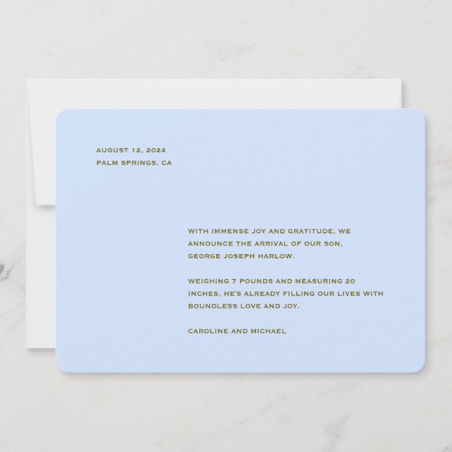 Minimalistisk Baby blue Boy Birth Meddelande (Framsida)