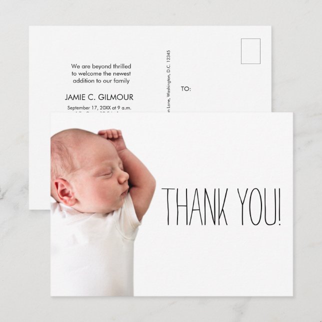 Minimalistisk Baby Shower Foto Tack Namn Meddelande Vykort (Fram/baksida)