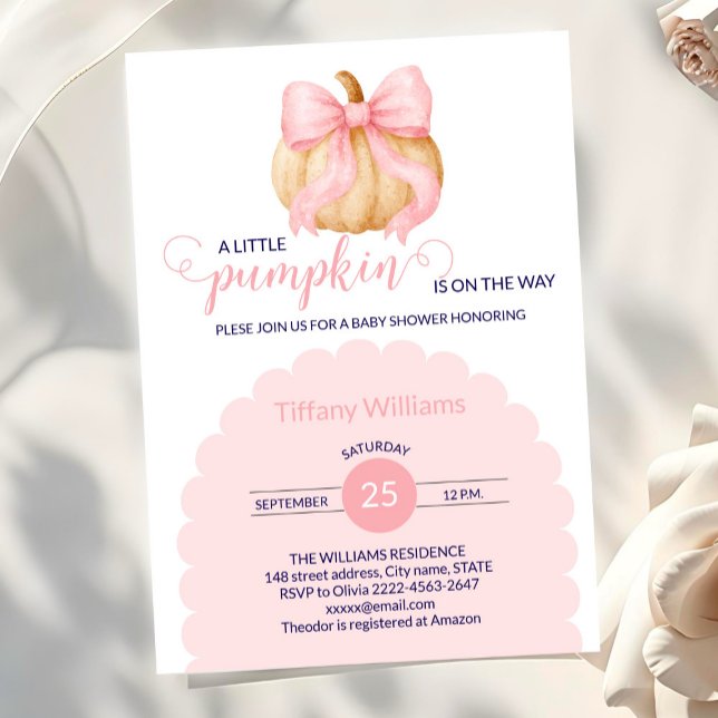 minimalistisk babydusch för rosa-pumpdockan inbjudningar (Fall Pumpkin Baby Shower Invitation with Pink Bows)