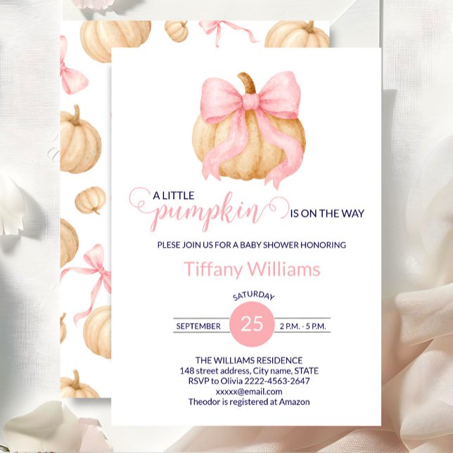 minimalistisk babydusch för rosa-pumpdockan inbjudningar (Fall Pumpkin Baby Shower minimalistic Invitation with Pink Bows)