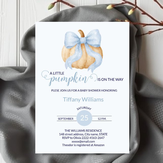 Minimalistisk babydusch med blå knölpumpor inbjudningar (Minimalistic Little Pumpkin Baby Shower Invitation Boy | Blue Bow Fall Theme)