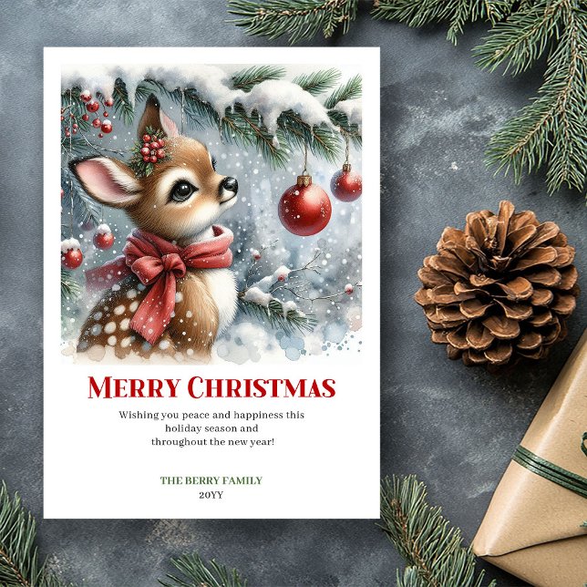Minimalistisk Babyhjort Snigande Skogs Vattenfärgs Julkort (Minimalist Baby Fawn Snowy Forest Watercolor Greeting Card

)