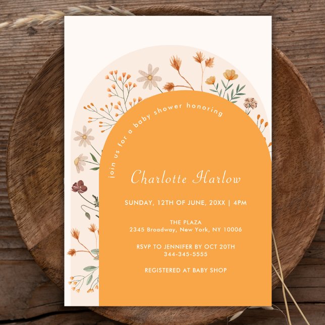 Minimalistisk babystövel för Fall Boho Wildblomma Inbjudningar (Minimalist Fall Boho Wildflower Arch Baby Shower Invitation)