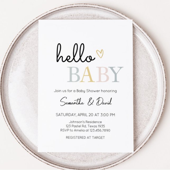 Minimalistisk babystövel för hej Baby Neutralt Inbjudningar (Pastel Letters Minimalist Baby Shower Invitation)