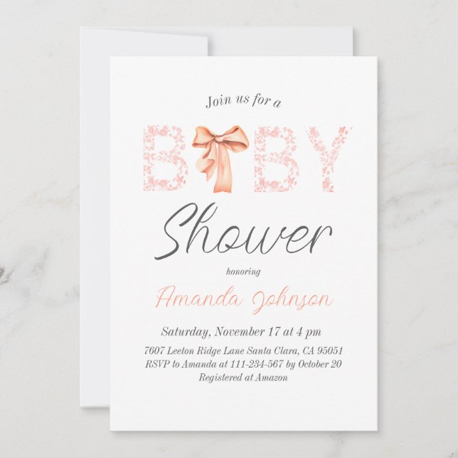 Minimalistisk babystövel för Rosa Bow-Blommigt Inbjudningar (Framsida)