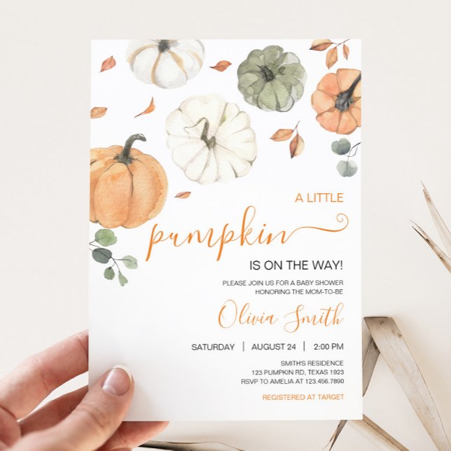 Minimalistisk babystövel med liten knumpkin inbjudningar (A Little Pumpkin Baby Shower Invitation)