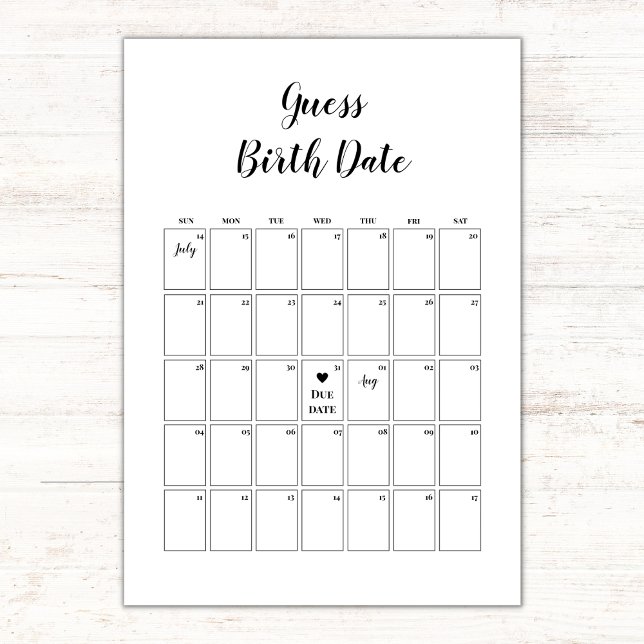 Minimalistisk babyvisare Gissa förfallodatumkalend Kort (baby shower game guess due date calendar, minimalist black and white gender neutral, guess birth)