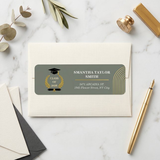 Minimalistisk Båge | ROULIV Grön Utexamineringsfär Returadress Etikett (Minimalist Arch Return Address Label  ROULIV Stone Grey Graduation Suite)