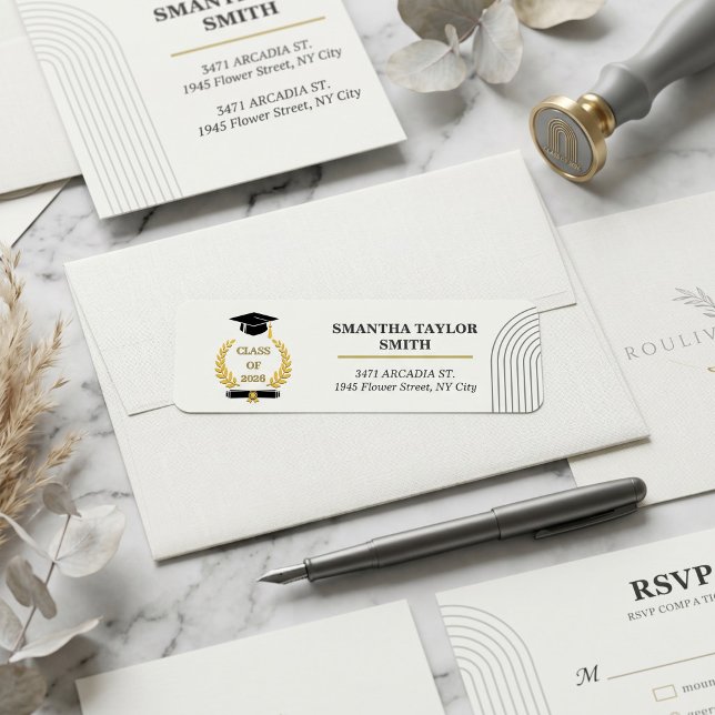 Minimalistisk Båge | ROULIV Sten Grå Examen Returadress Etikett (Minimalist Arch Return Address Label | ROULIV Stone Grey Graduation Suite)