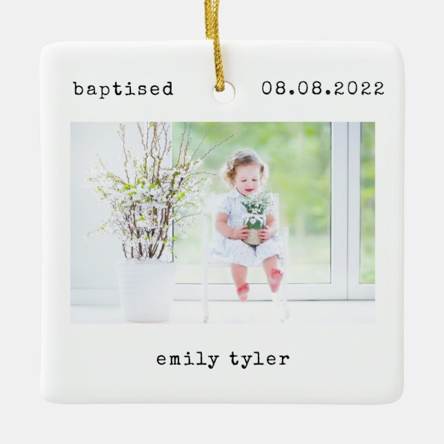 Minimalistisk baptism - fotokeepsaké julgransprydnad keramik (Framsida)