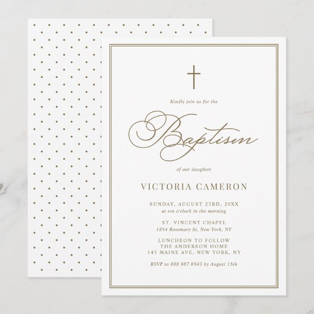 Minimalistisk baptism i Guld Elegant Inbjudningar (Fram/baksida)