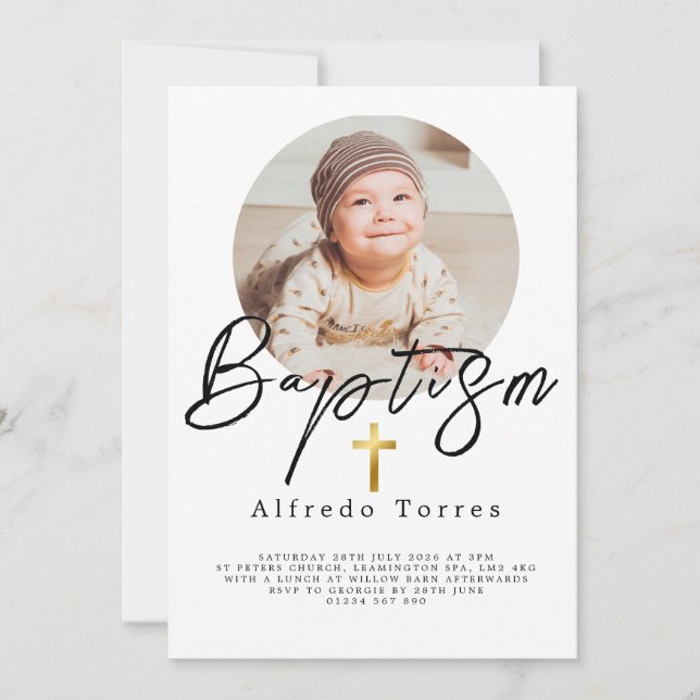 Minimalistisk Baptism-inbjudan till Baby med foto Inbjudningar (Framsida)