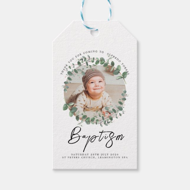 Minimalistisk Baptism-inbjudan till Baby med foto Presentetikett (Framsidan)