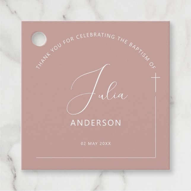 Minimalistisk baptism, rosa gåvor etiketter (Framsida)