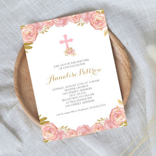 Minimalistisk baptism vid rosa Guld Blommigt Kor Inbjudningar