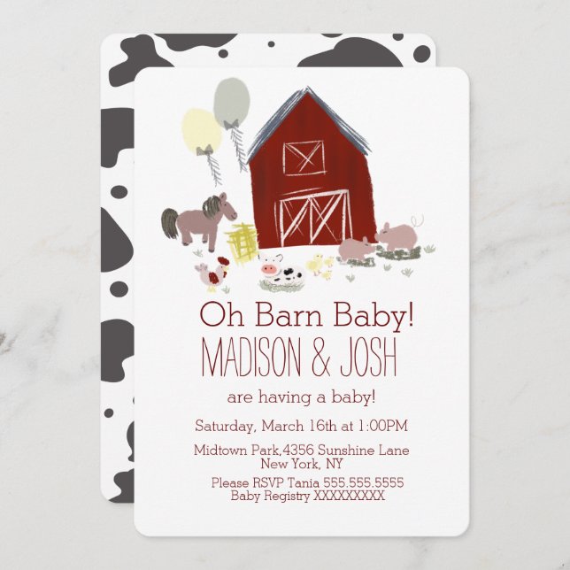 Minimalistisk Barn Animals Farm Baby Shower Art Inbjudningar (Fram/baksida)
