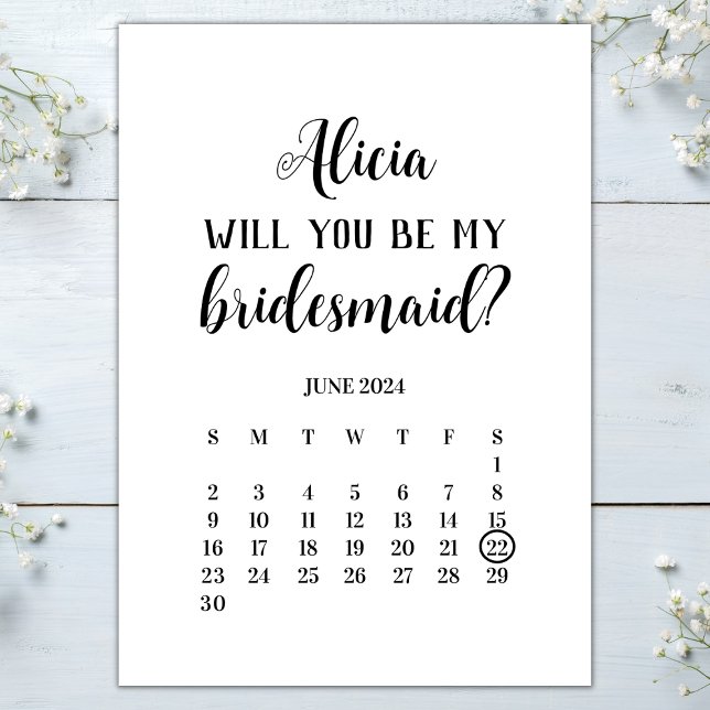 Minimalistisk be min Bridesmaid-kalender Frieri Inbjudningar (Will you be my bridesmaid card calendar save the date elegant minimalist bridesmaid proposal)