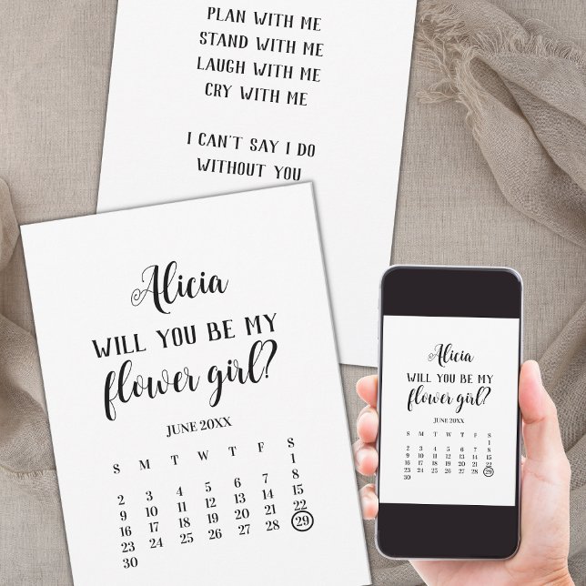 Minimalistisk be om att min skolkalender Frieri Inbjudningar (save the date flower girl proposal calendar minimalist, will you be my flower girl card)