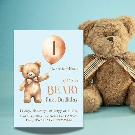 Minimalistisk Bear Blue Boy Beary 1:a födelsedagen Inbjudningar