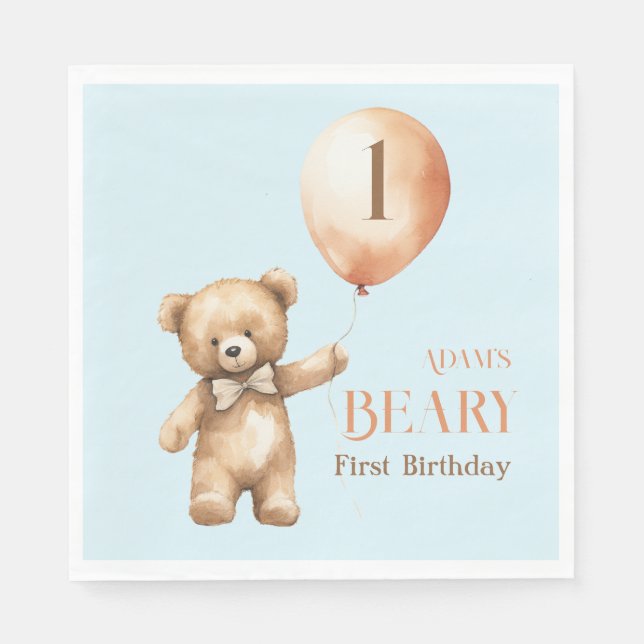 Minimalistisk Bear Blue Boy Beary 1:a födelsedagen Pappersservett (Framsidan)