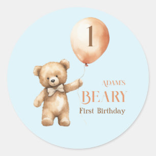 Minimalistisk Bear Blue Boy Beary 1:a födelsedagen Runt Klistermärke