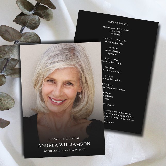Minimalistisk begravning Firande i livets foto Program (Funeral Celebration of Life Program, your photo on front and Order of Service on the back)