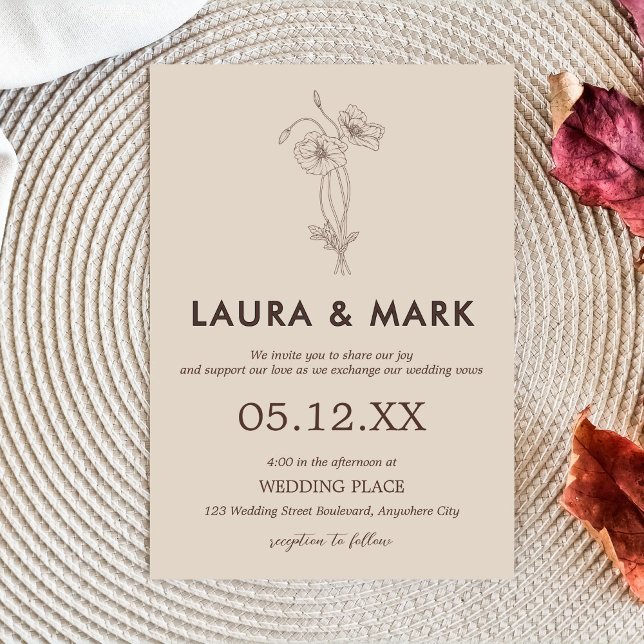 Minimalistisk Beige Blommigt Bröllop Inbjudningar (Minimalist Floral Beige Wedding Invitation)