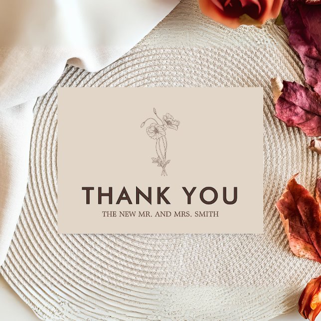 Minimalistisk Beige Blommigt Bröllop Tack Kort (Minimalist Floral Beige Wedding Thank you Card)
