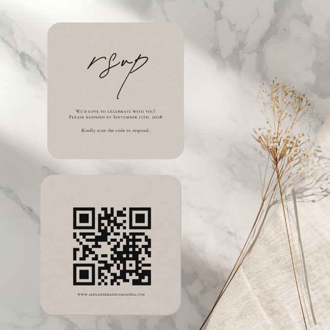 Minimalistisk Beige Bröllops-Svarskort med QR-kod Tilläggskort (Skapare uppladdad)