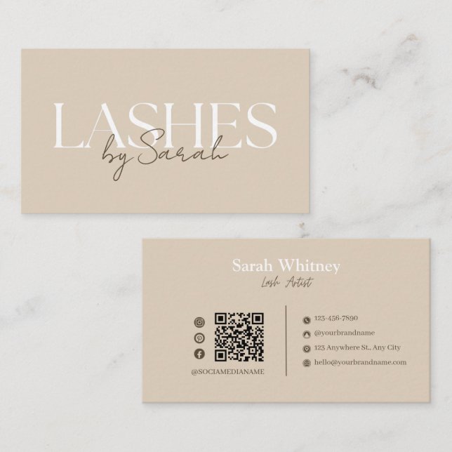 Minimalistisk Beige & Brun Lash Tech Visitkort (Fram/baksida)