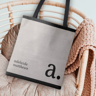 Minimalistisk Beige Faux Linen look Monogram Namn Tygkasse