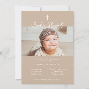 Minimalistisk beige kräm-fotobaptism-doktor inbjudningar