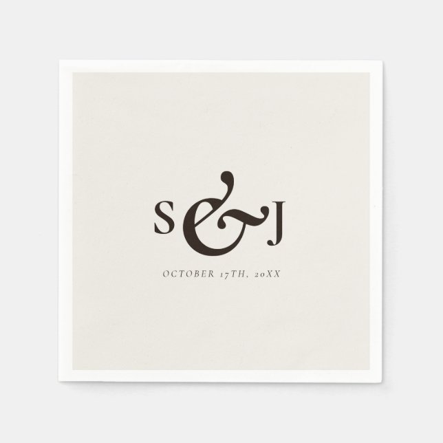 Minimalistisk Beige Monogram-Bröllopsdag Pappersservett (Framsidan)