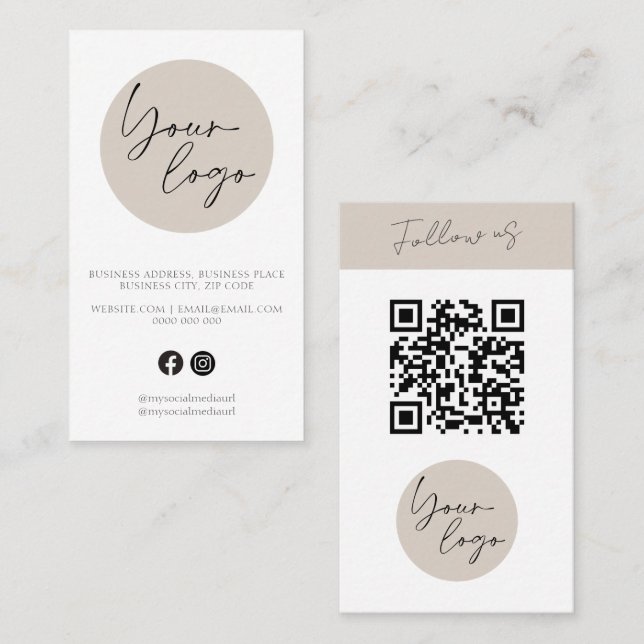 Minimalistisk Beige QR-kod Logotyp Visitkort (Fram/baksida)